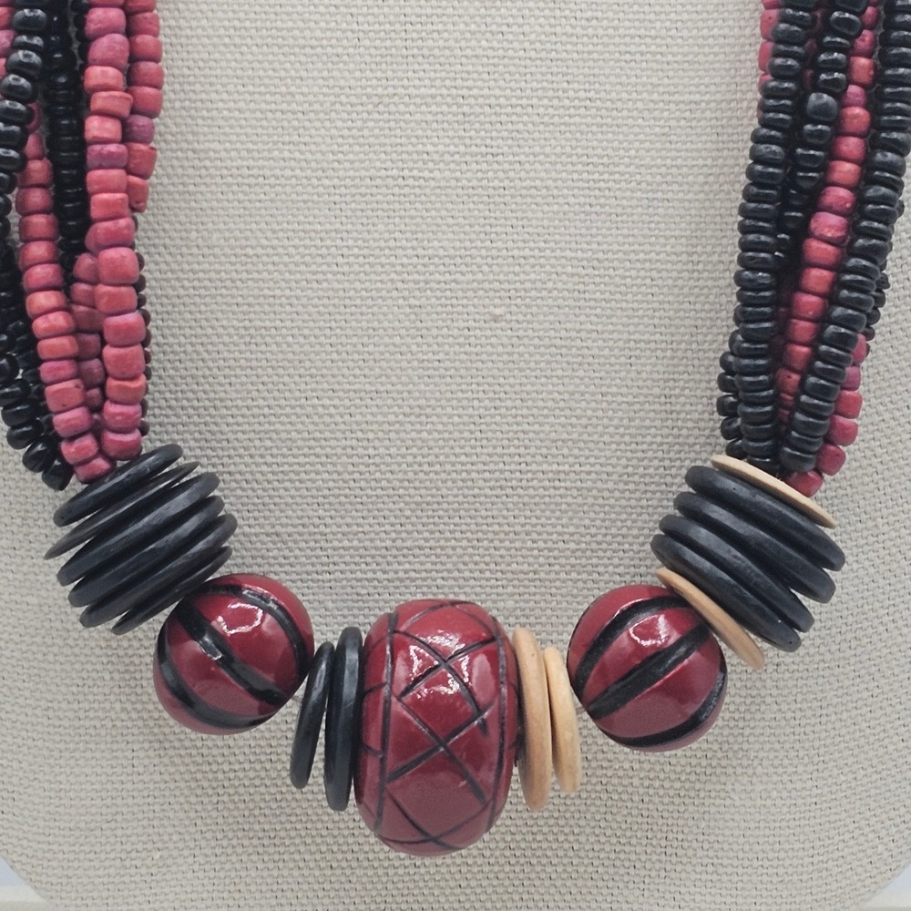 Multi Strand Wood Bead Necklace Red Black Statement Boho Tribal Inspired